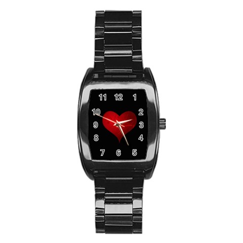 Red Heart on Black. Stainless Steel Barrel Watch from DESIGN GIFT SHOP Front